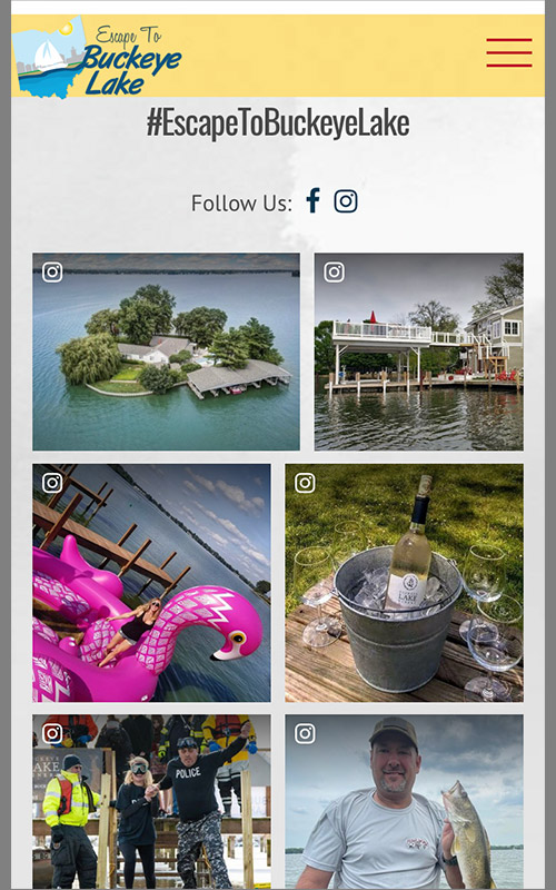 Screenshot of the mobile view of the social feed on the home page for Escape to Buckeye Lake