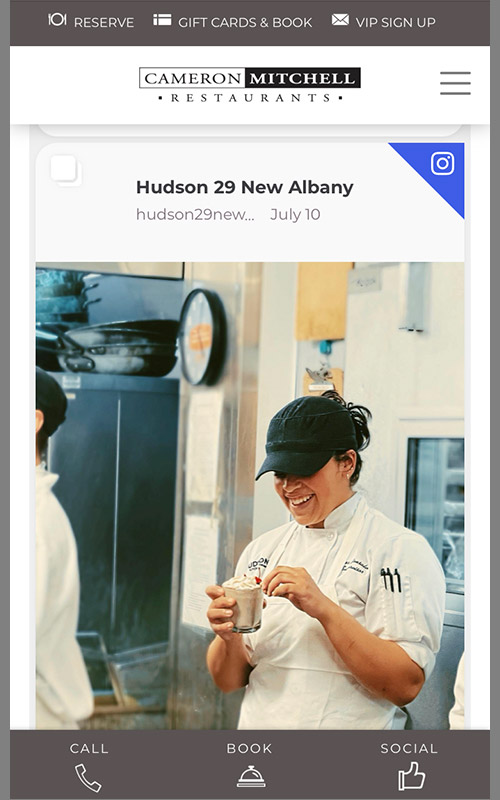 Screenshot of the mobile view of a web page pulling in Instagram posts for Cameron Mitchell Restaurants