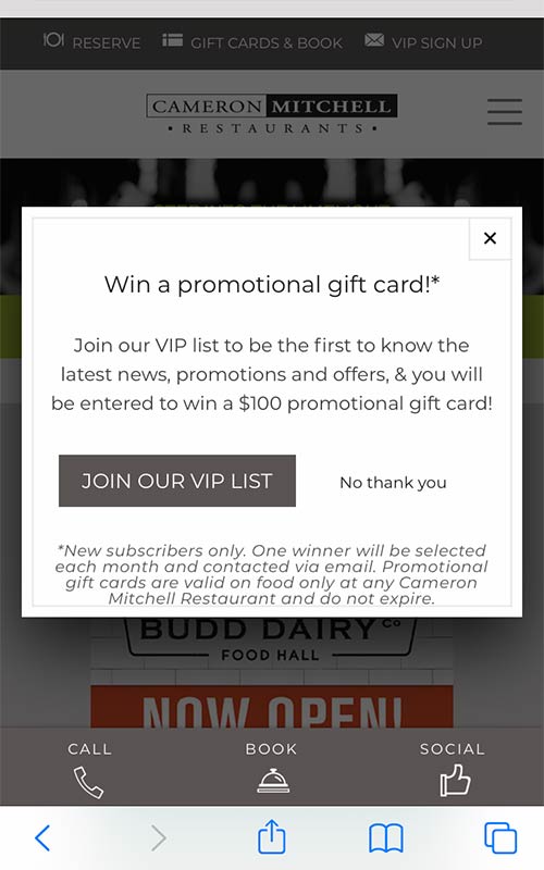 Screenshot of a pop-up window inviting people to join an email marketing list and enter to win a gift card