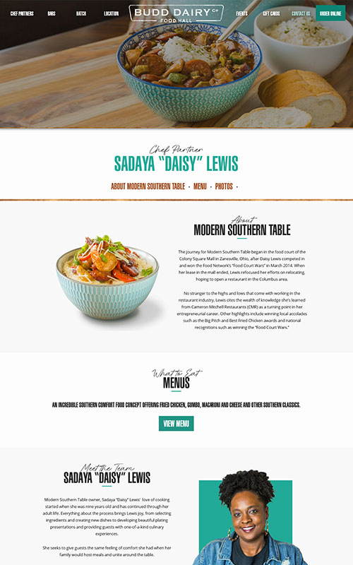 Mobile screenshot of Budd Dairy Food Hall website chef partner page.