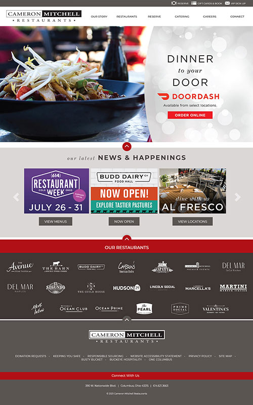 Screenshot of Cameron Mitchell Restaurants website home page.