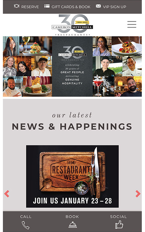 Mobile screenshot of Cameron Mitchell Restaurants website home page.