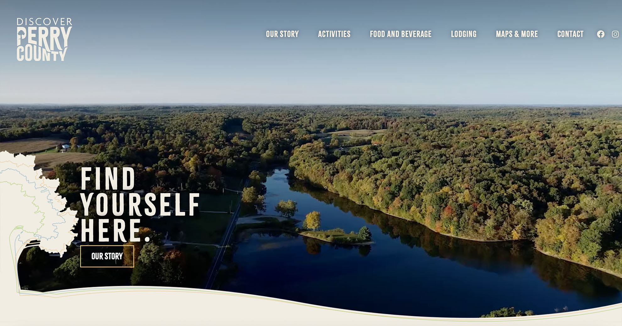 Snapshot of Discover Perry County website Home page showing aerial view of New Lexington Reservoir